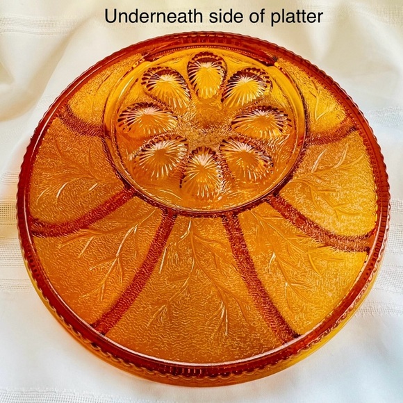 Egg Plate Relish Plate Round Amber Pebble Leaf by Indiana Glass VTG Discontinued - Picture 4 of 11